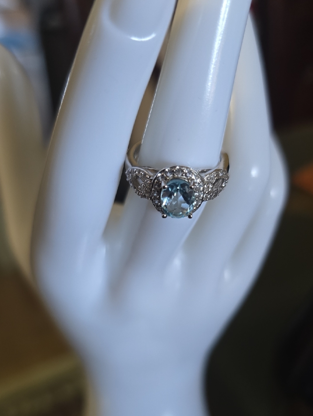 GENUINE BLUE TOPAZ LAB CREATED  WHITE SAPPHIRE STERLING SILVER RING SIZE 7